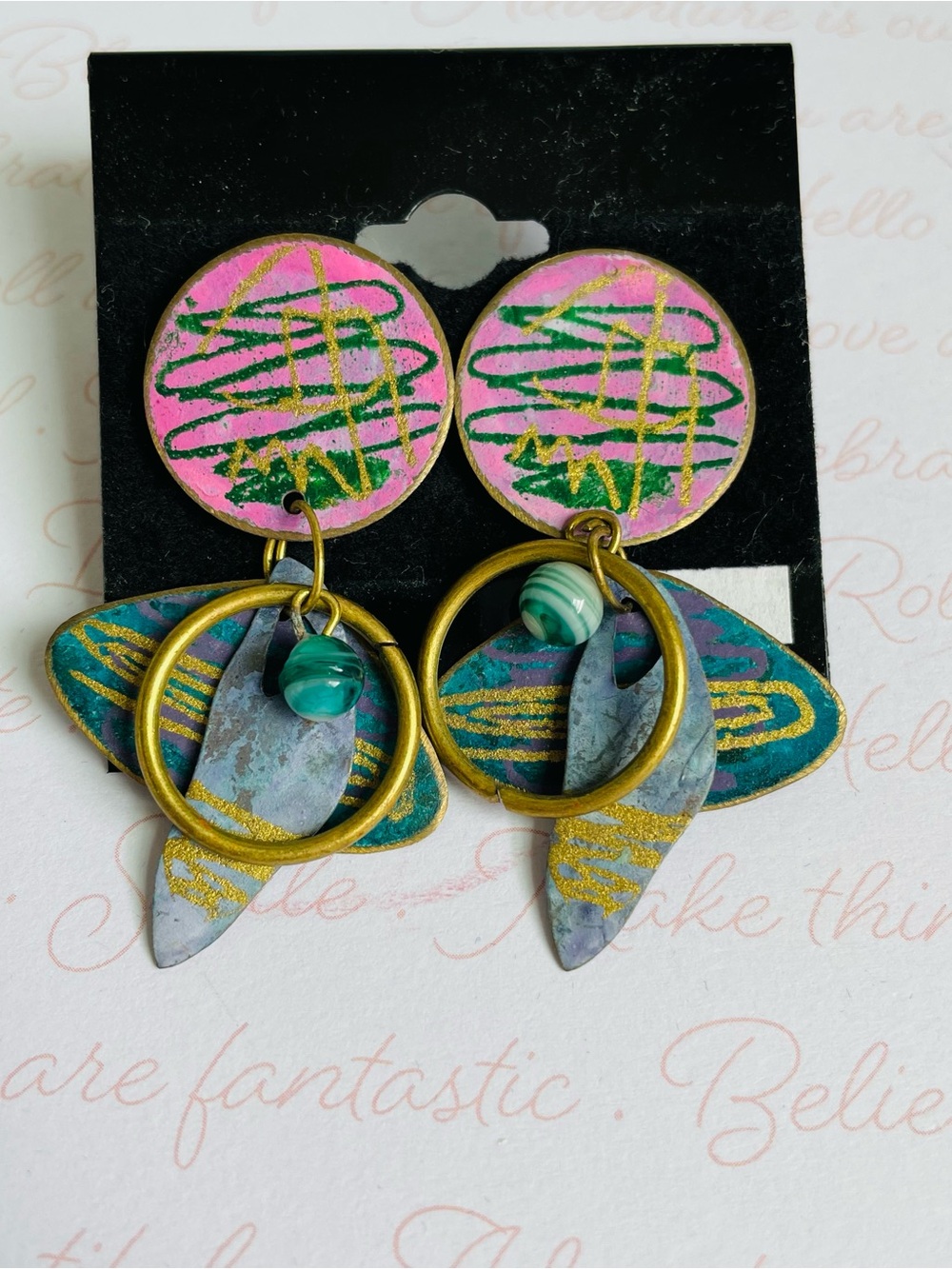 Vintage Colorful Abstract Artsy Dangle Pierced Earrings 2" L